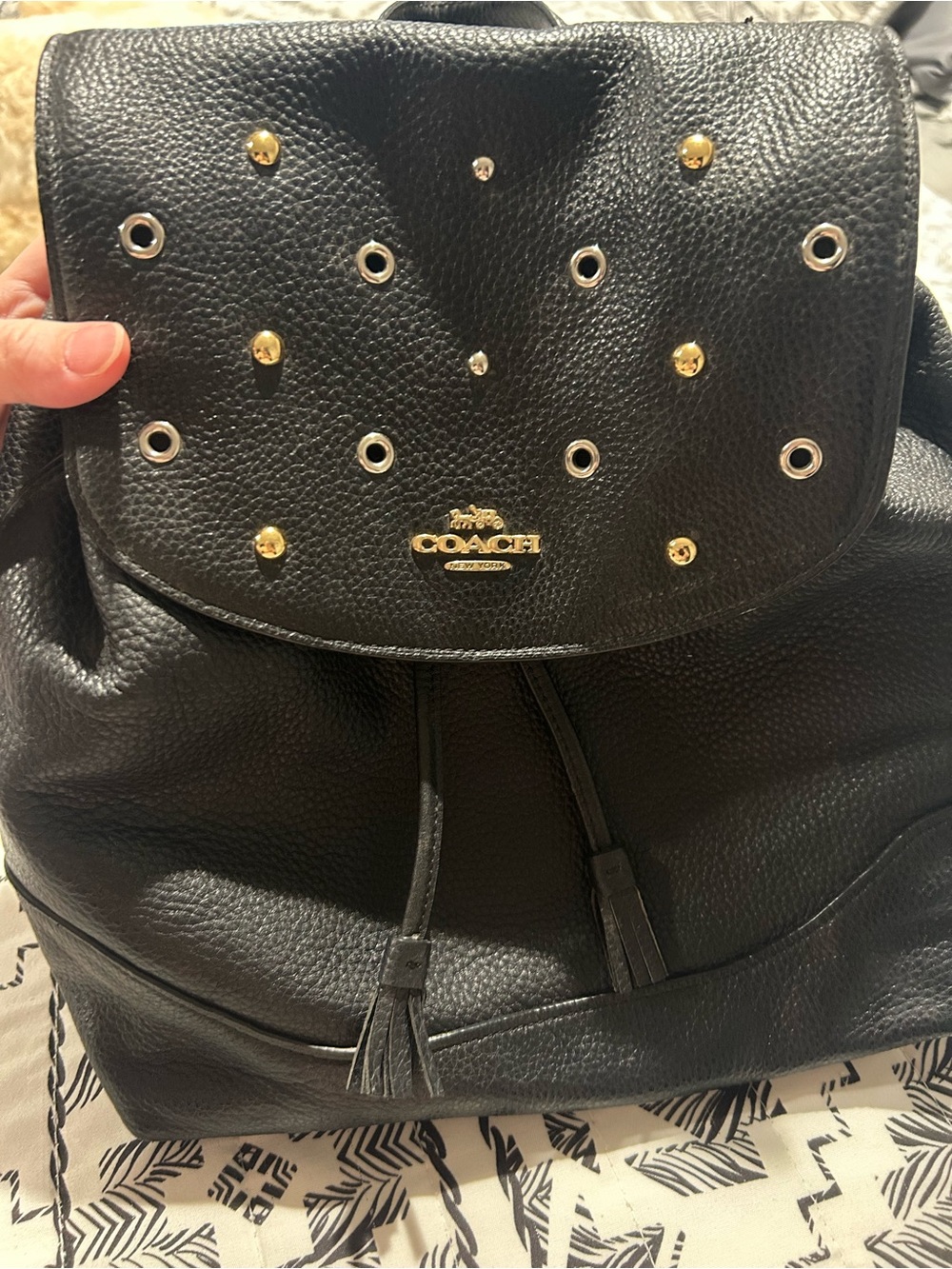 Coach Black Pebbled Leather Grommet Drawstring Backpack - Picture 7 of 11